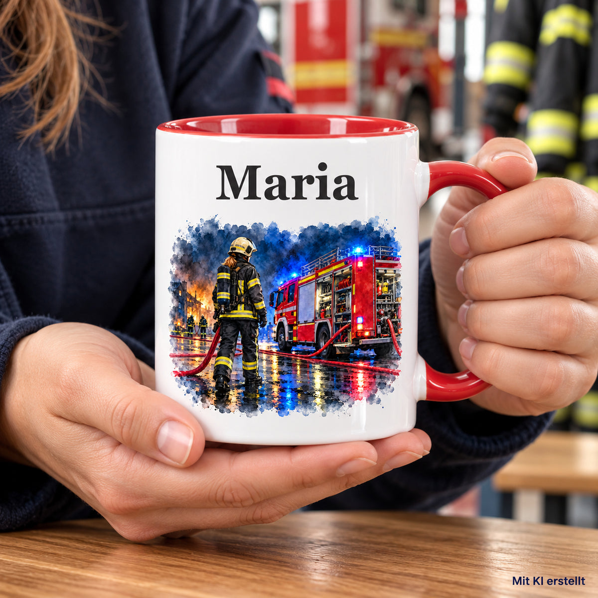 Personalisierte Tasse mit Feuerwehrfrau im Motiv „Blaulicht bei Nacht“, in Händen gehalten
