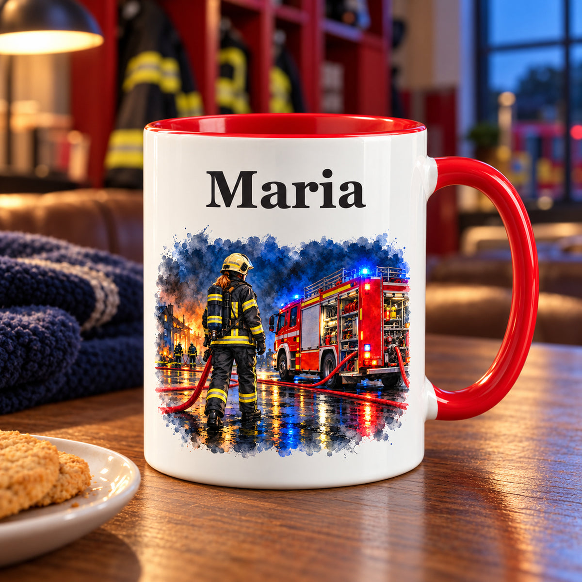 Personalisierte Tasse mit Feuerwehrfrau im Motiv „Blaulicht bei Nacht“ in einer Feuerwehrszene