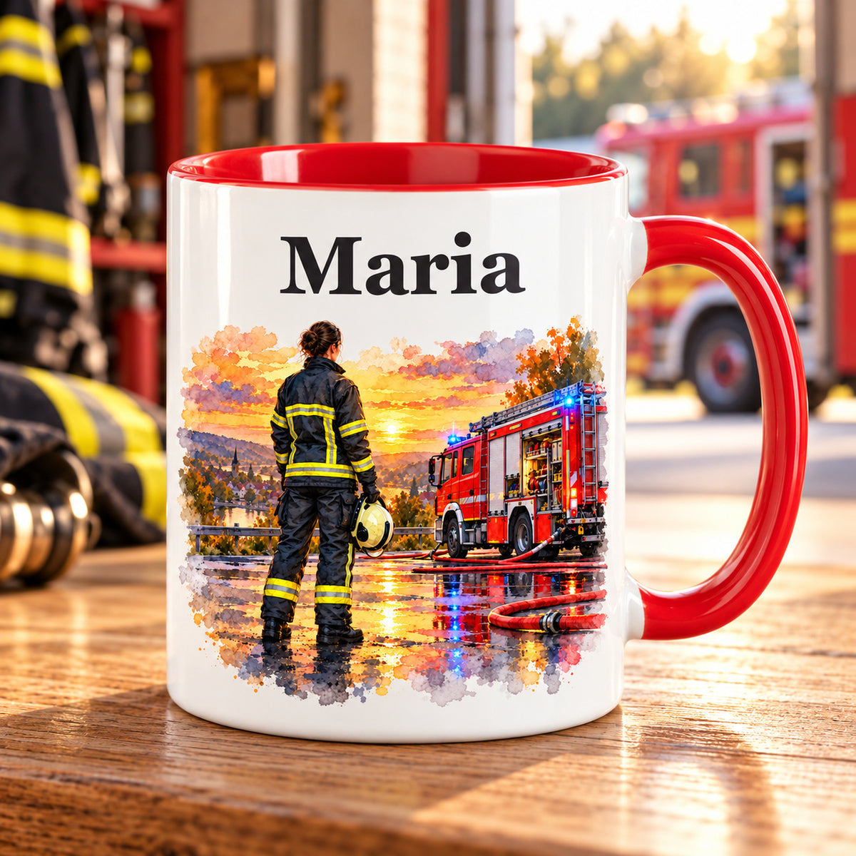 Tasse mit Feuerwehrfrau im Motiv „Nach dem Einsatz“, rotem Henkel und roter Innenseite