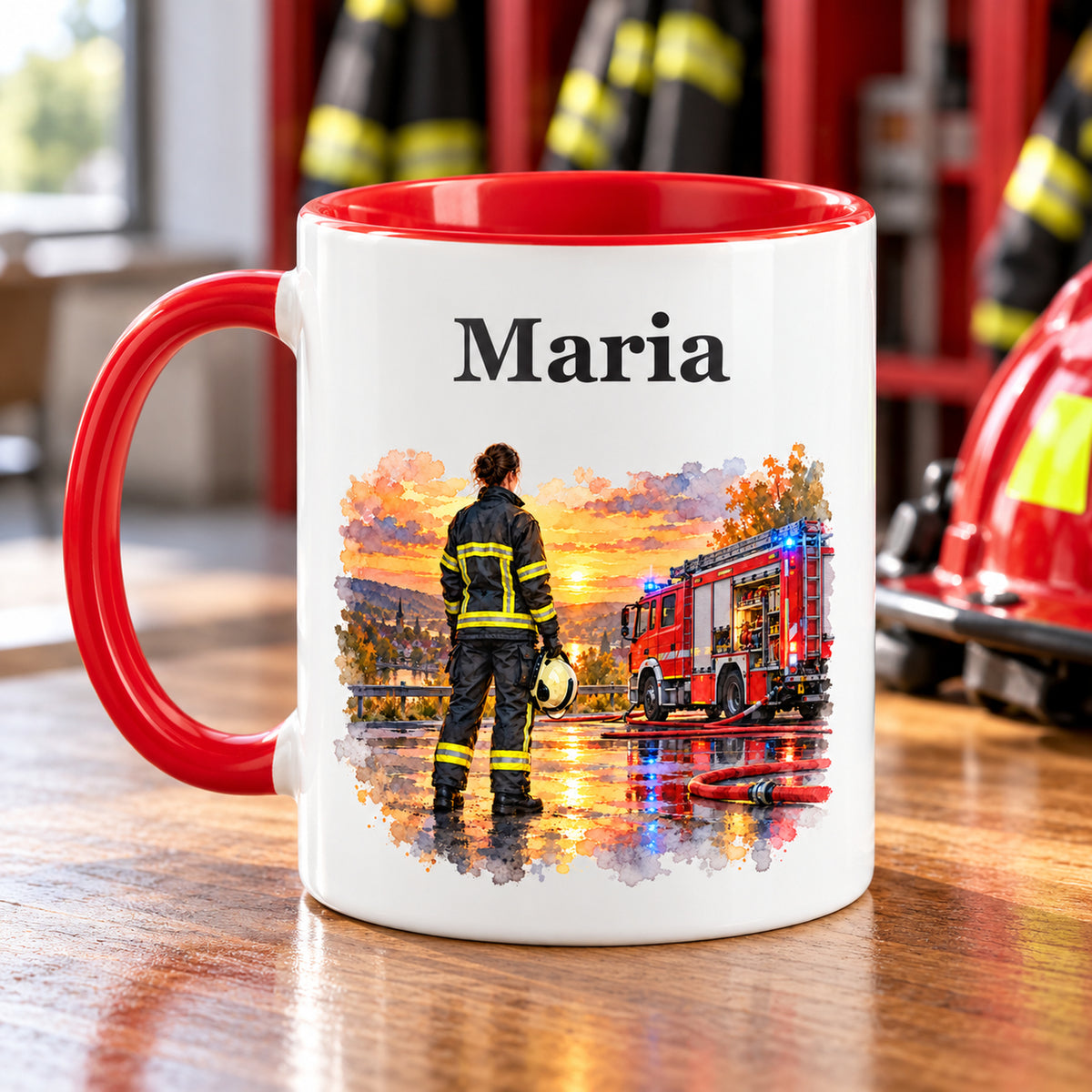 Gegenseite der personalisierten Tasse mit Feuerwehrfrau im Motiv „Nach dem Einsatz“