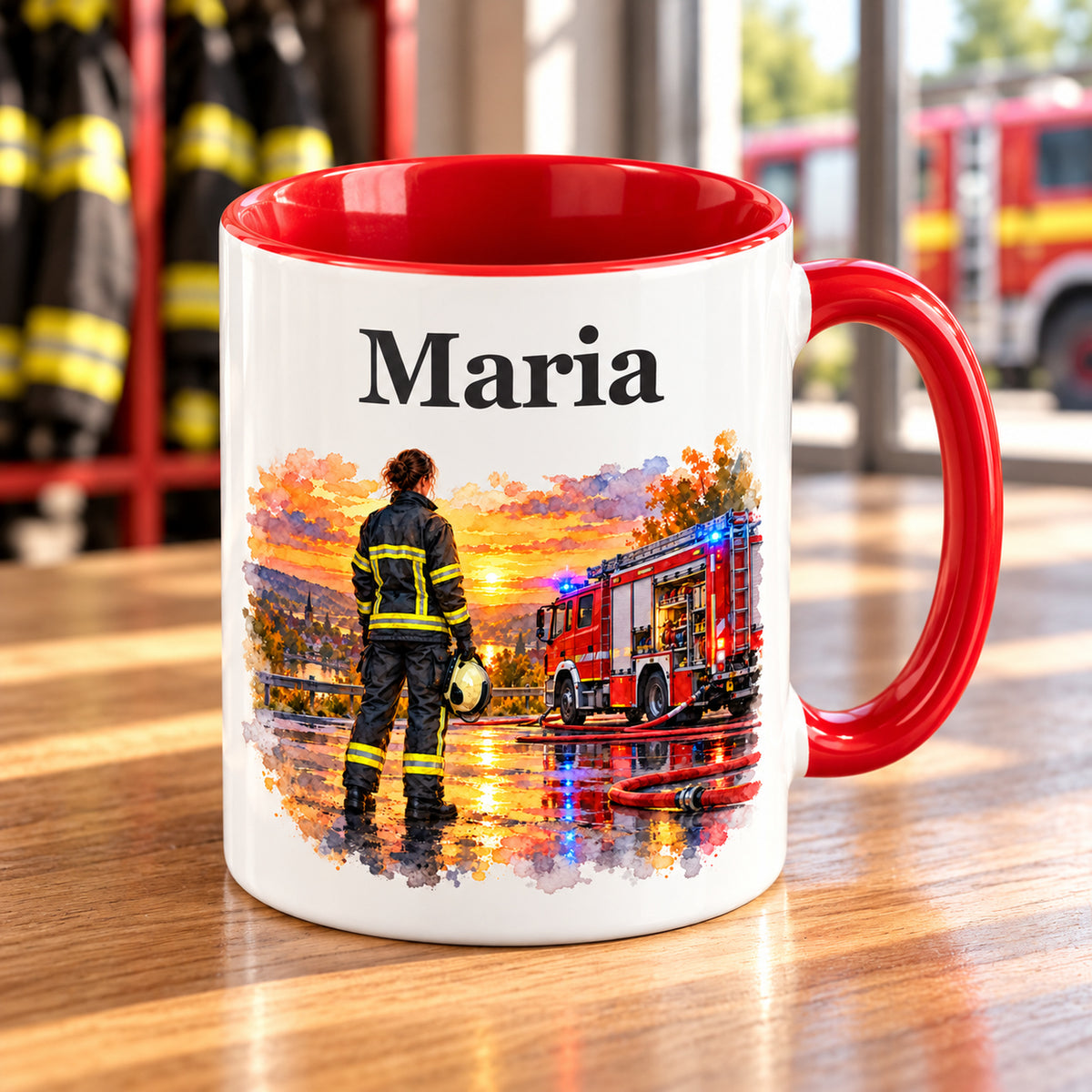 Schräge Ansicht der Tasse mit Feuerwehrfrau im Motiv „Nach dem Einsatz“