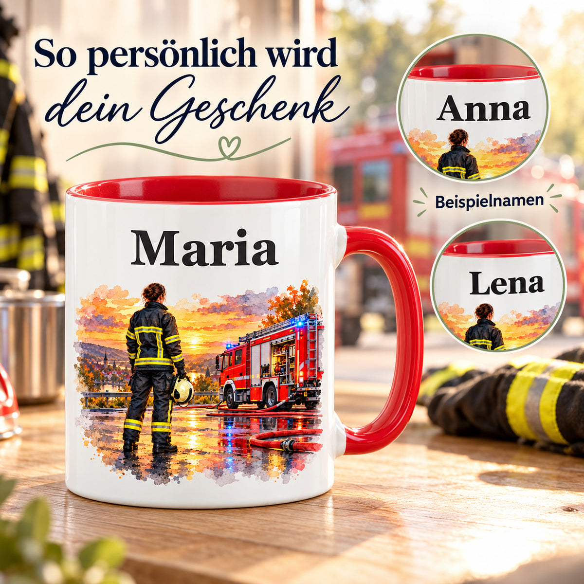 Beispiele für Wunschnamen auf der Feuerwehrtasse mit Feuerwehrfrau im Motiv „Nach dem Einsatz“
