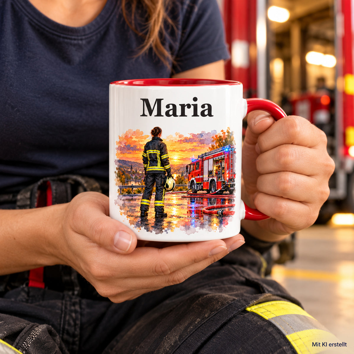 Personalisierte Tasse mit Feuerwehrfrau im Motiv „Nach dem Einsatz“, in Händen gehalten