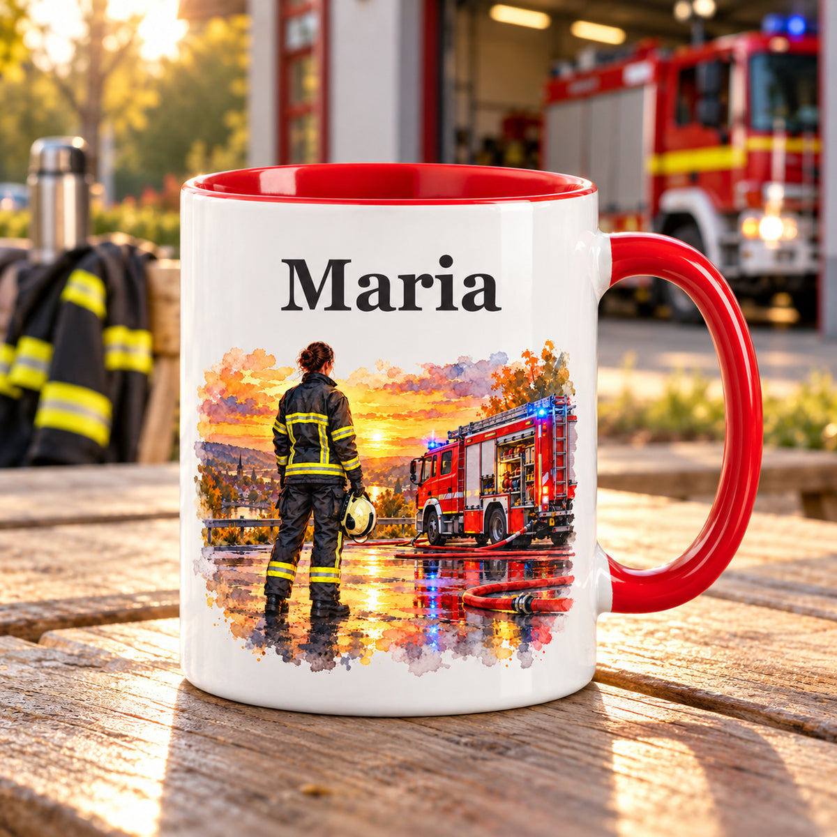 Personalisierte Tasse mit Feuerwehrfrau im Motiv „Nach dem Einsatz“ in einer Feuerwehrszene