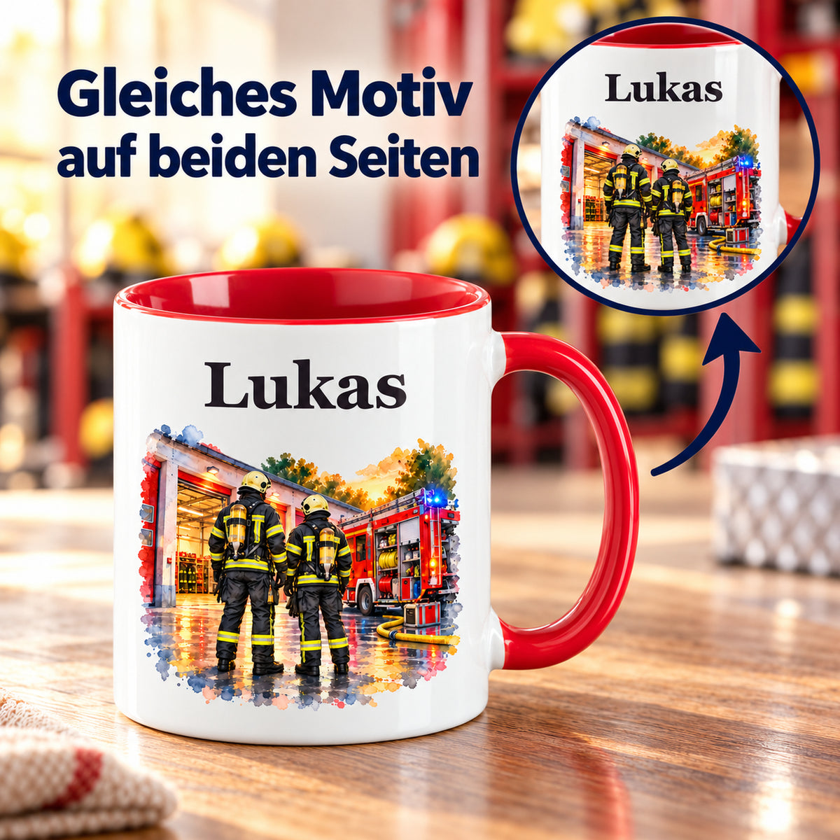 Beidseitiger Druck auf der Feuerwehrtasse mit Feuerwehrmann im Motiv „Gemeinsam stark“