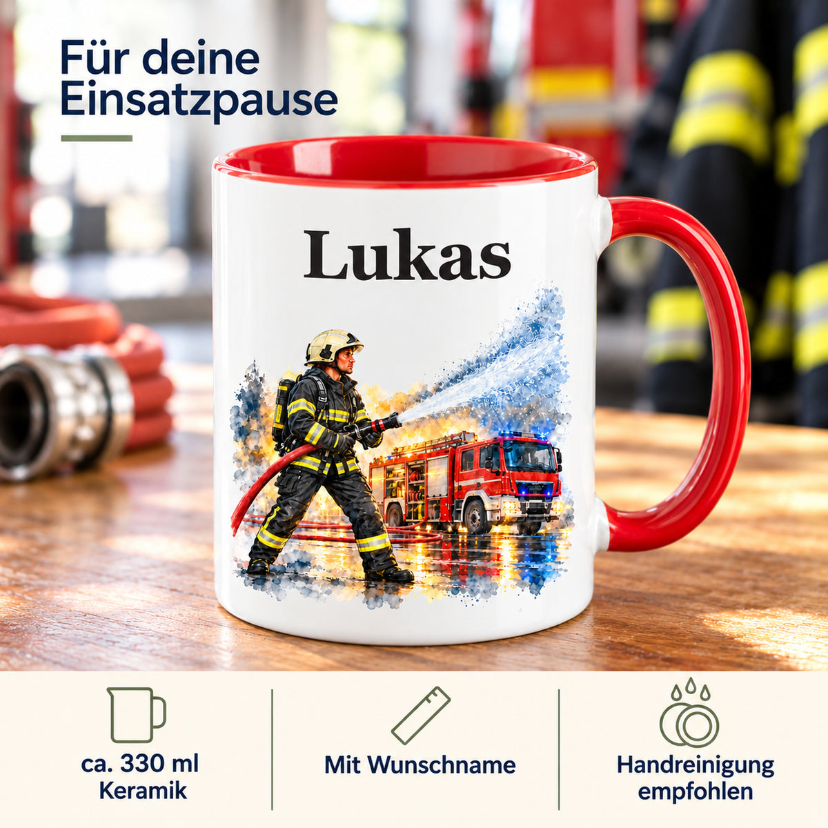 Eigenschaften der Feuerwehrtasse „Wasser marsch“: Keramik, ca. 330 ml, Wunschname und Handreinigung