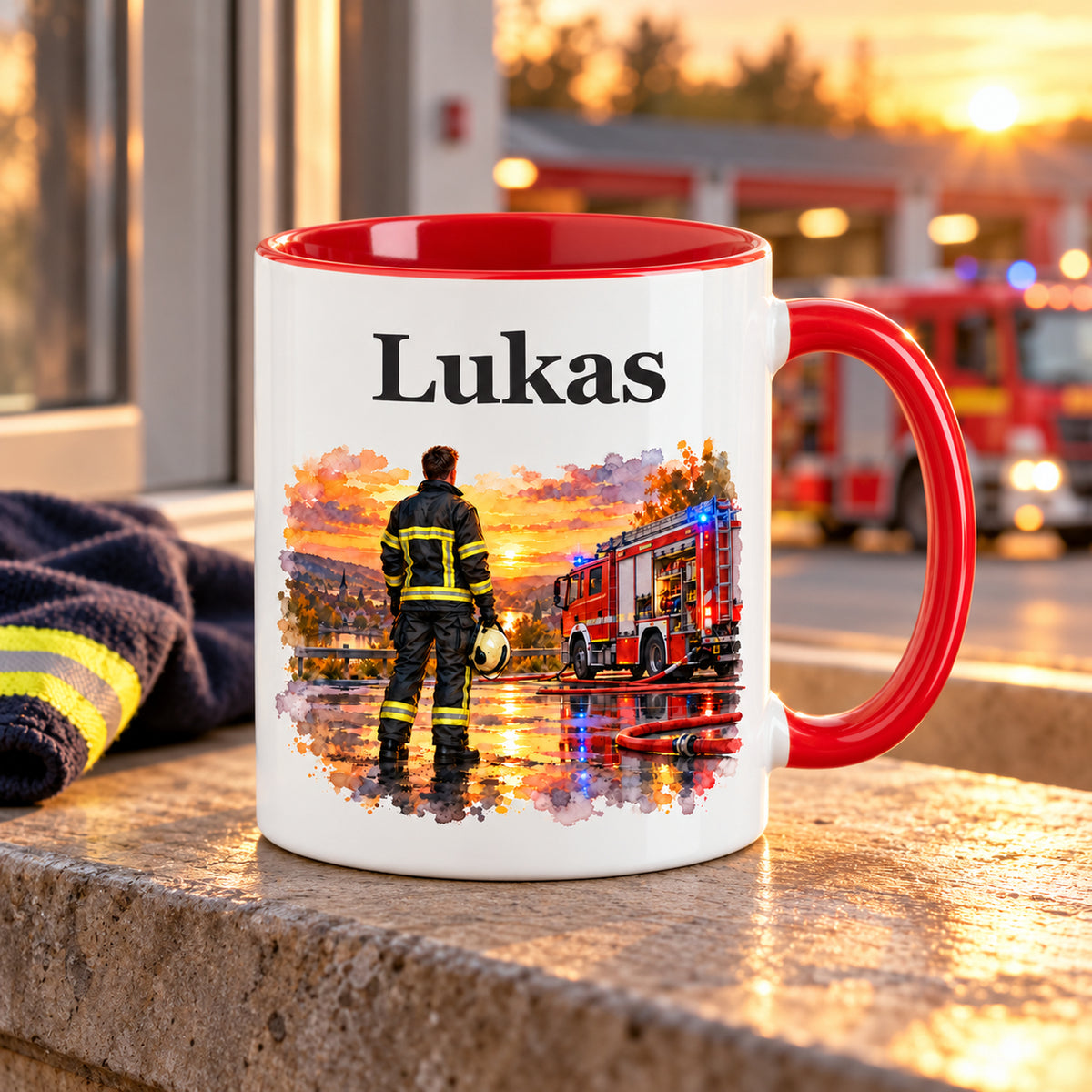 Personalisierte Tasse mit Feuerwehrmann im Motiv „Nach dem Einsatz“ in einer Feuerwehrszene