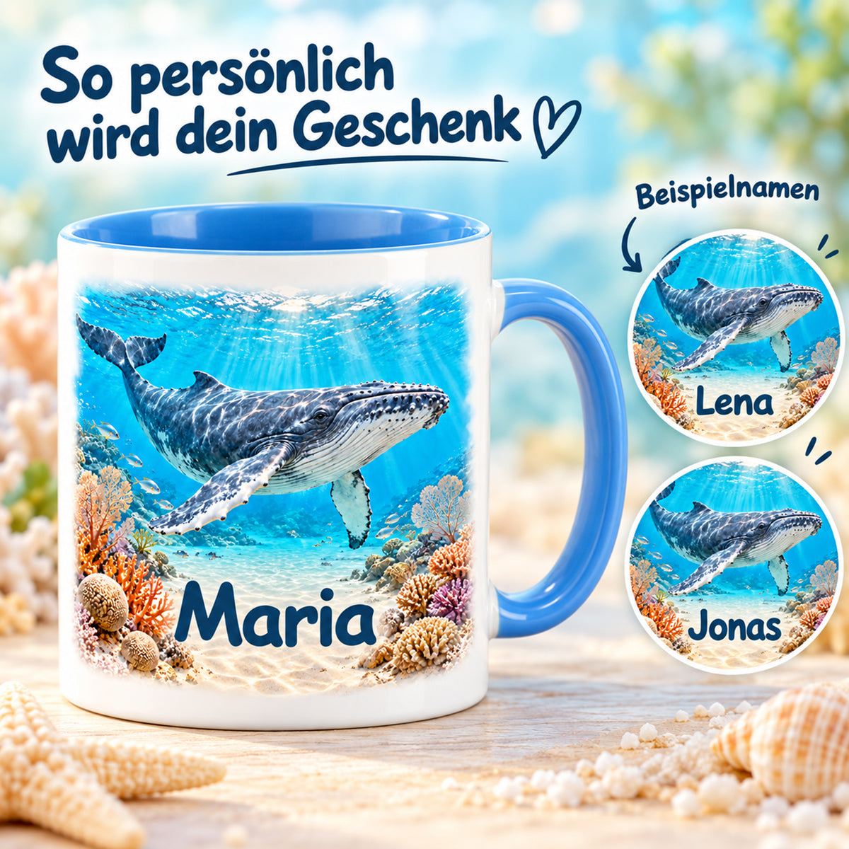 Wal-Tasse im Korallenriff mit Hauptname Maria und Namensbeispielen Lena und Jonas