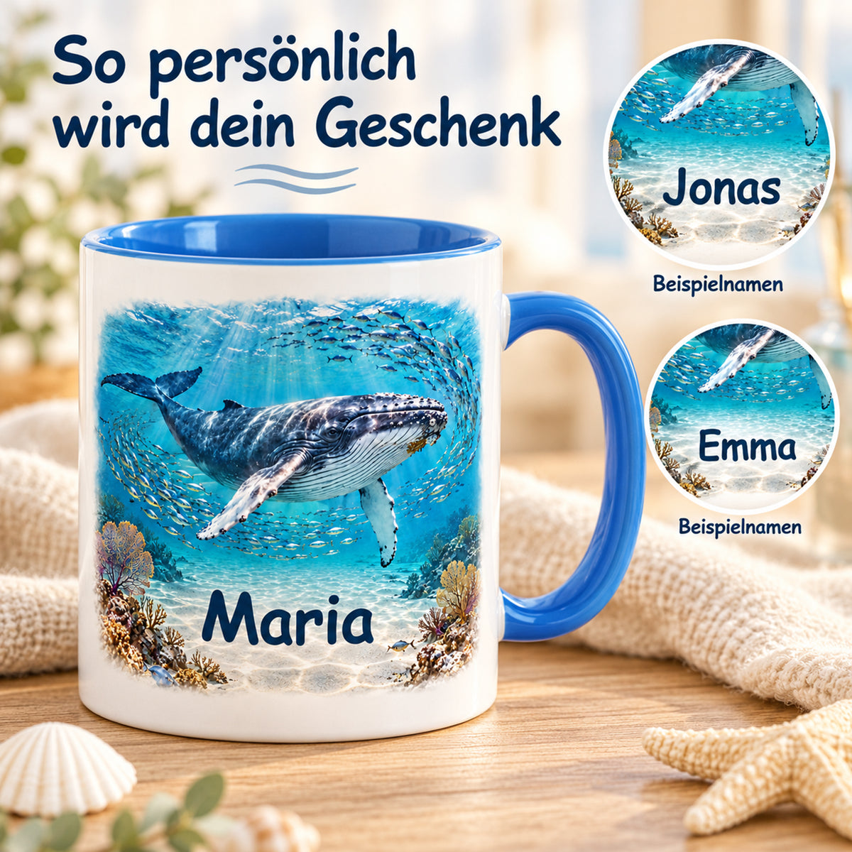 Wal-Tasse mit Fischschwarm, Hauptname Maria und Namensbeispielen Jonas und Emma