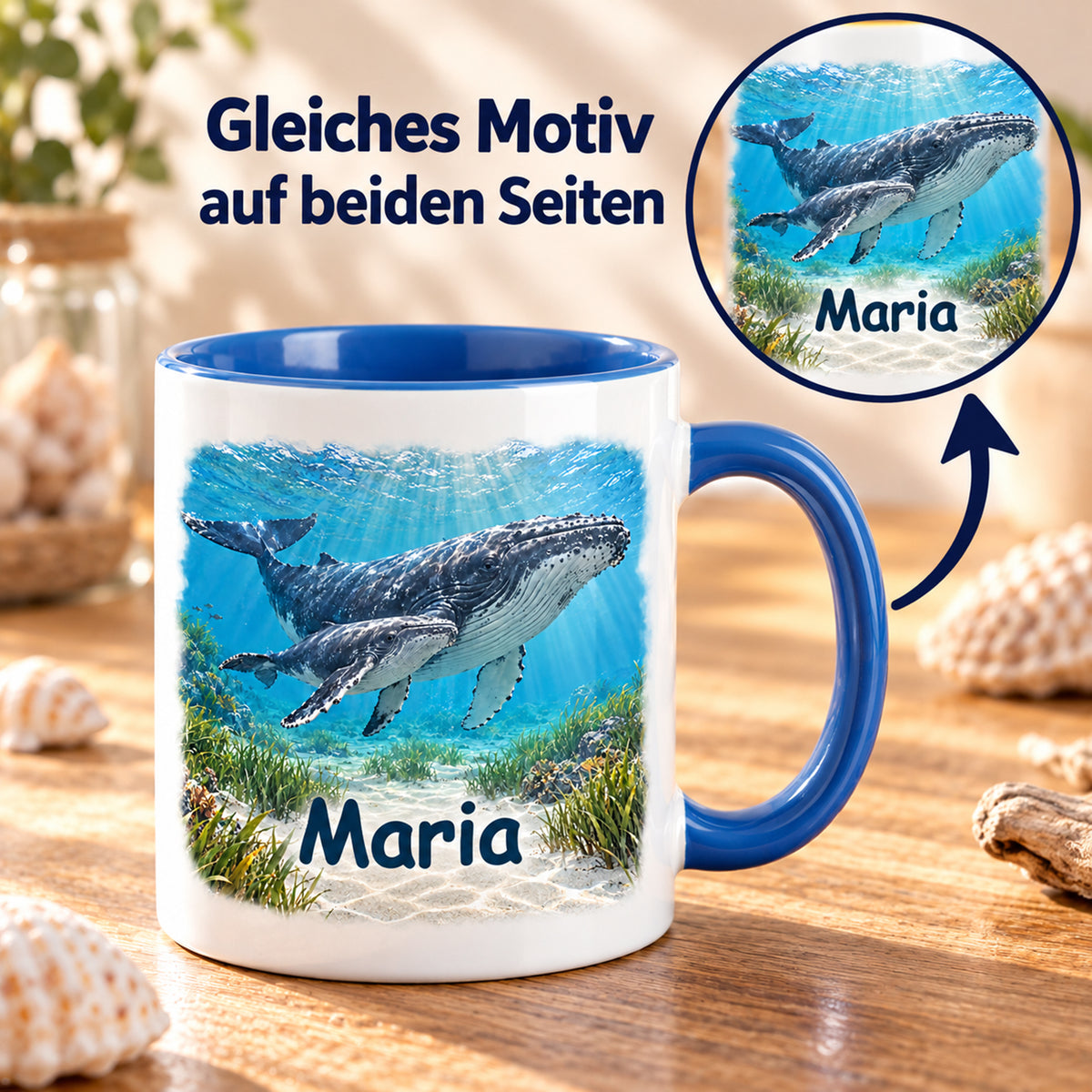 Wal-Tasse mit Wunschname und Wal mit Jungtier auf beiden Seiten und vergrößertem Motivdetail