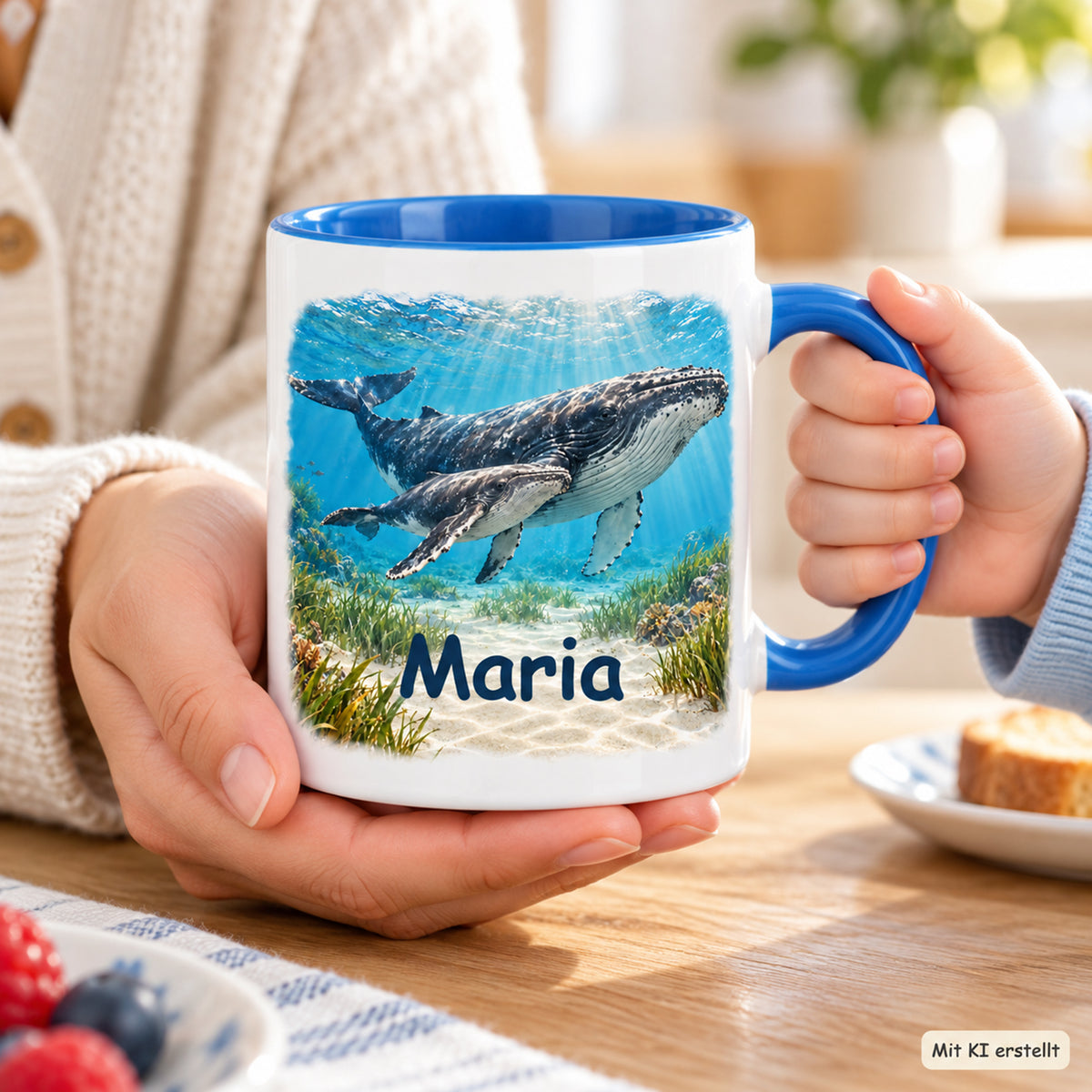Person im beigen Pullover hält die Wal-Tasse mit Jungtier am Tisch neben Buch und Gebäck