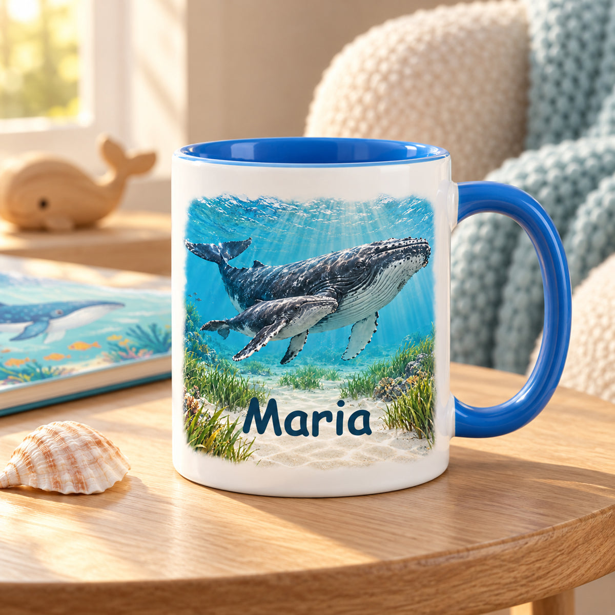 Wal-Tasse mit Jungtier und Name Maria auf einem runden Holztisch an der Sofaecke mit Buch und Muschel