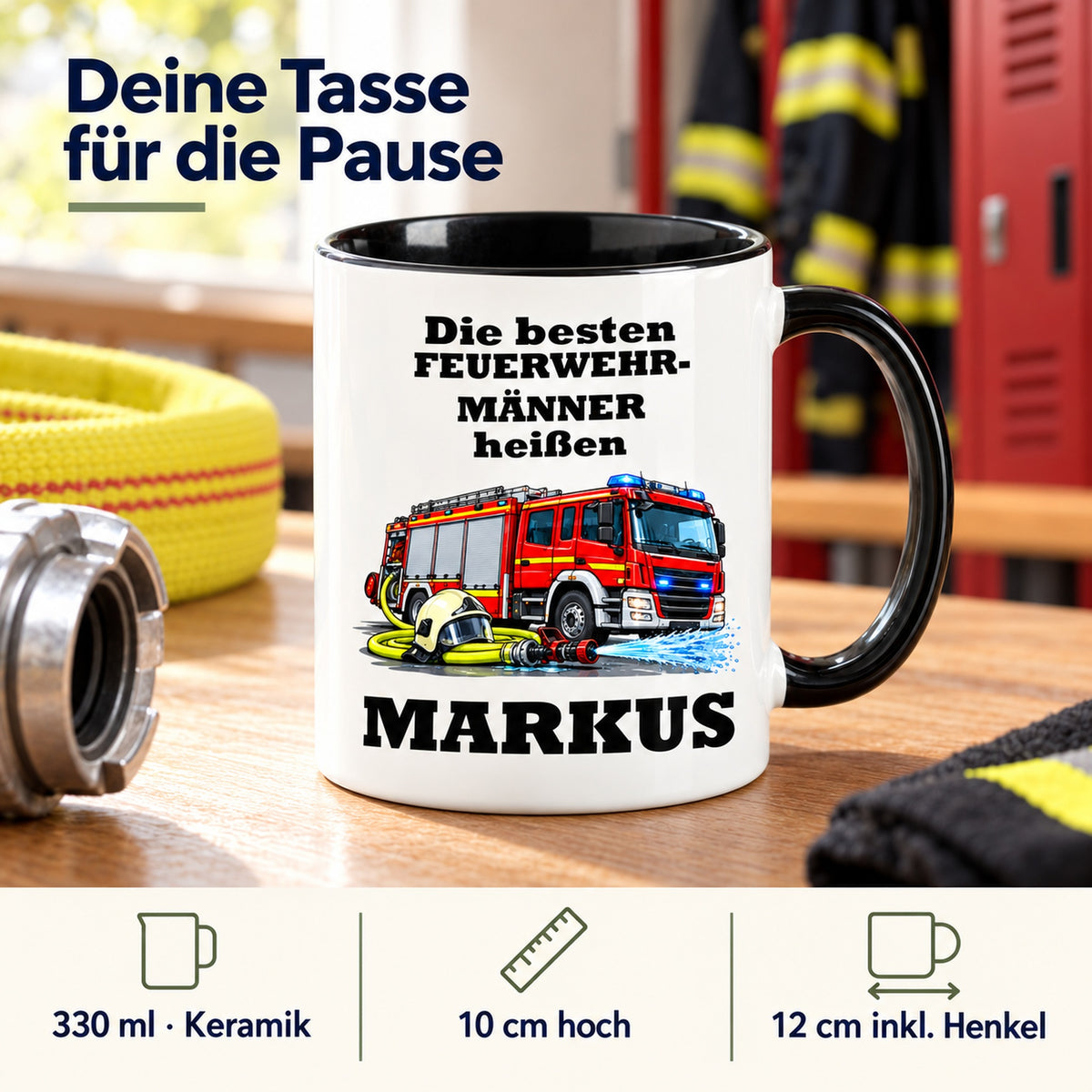Produktdetails der Feuerwehrmann-Tasse: Keramik, 330 ml, 10 cm hoch und 12 cm breit einschließlich Henkel.