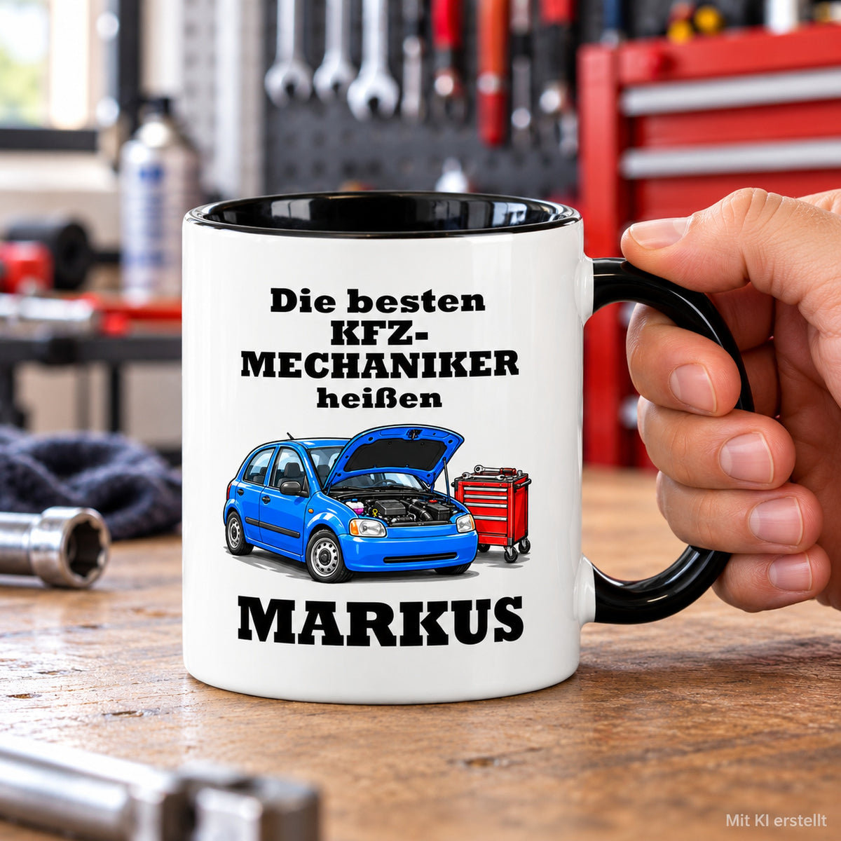 Personalisierte KFZ-Mechaniker-Tasse in Händen, mit schwarzer Innenseite und Hinweis auf das KI-erstellte Foto.