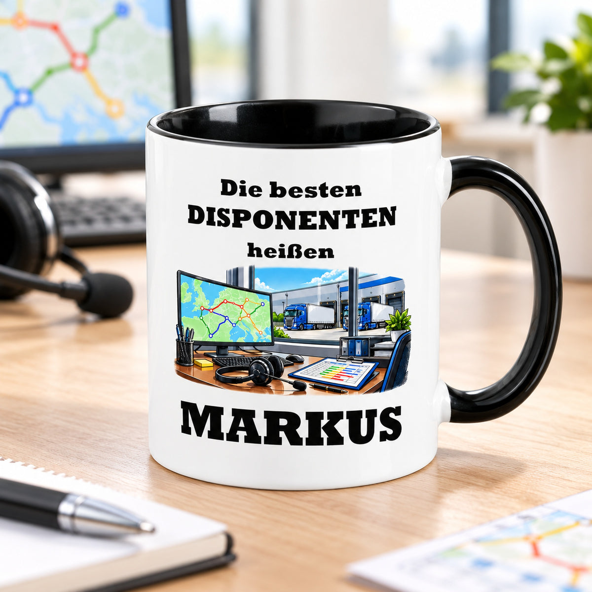 Schräge Ansicht der personalisierten Disponent-Tasse mit sichtbarer schwarzer Innenseite und schwarzem Henkel.