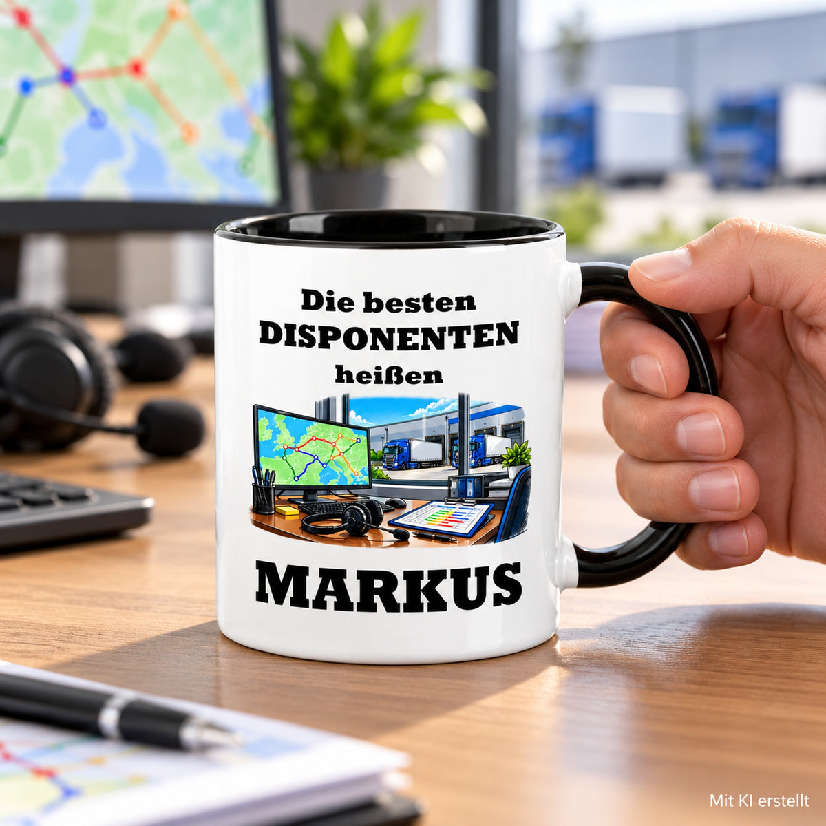 Personalisierte Disponent-Tasse in Händen, mit schwarzer Innenseite und Hinweis auf das KI-erstellte Foto.