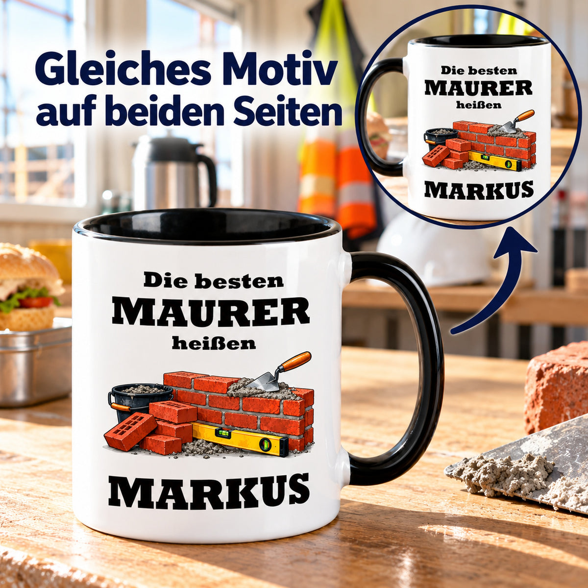 Maurer-Tasse mit Detailansicht des identischen Motivdrucks auf beiden Seiten.
