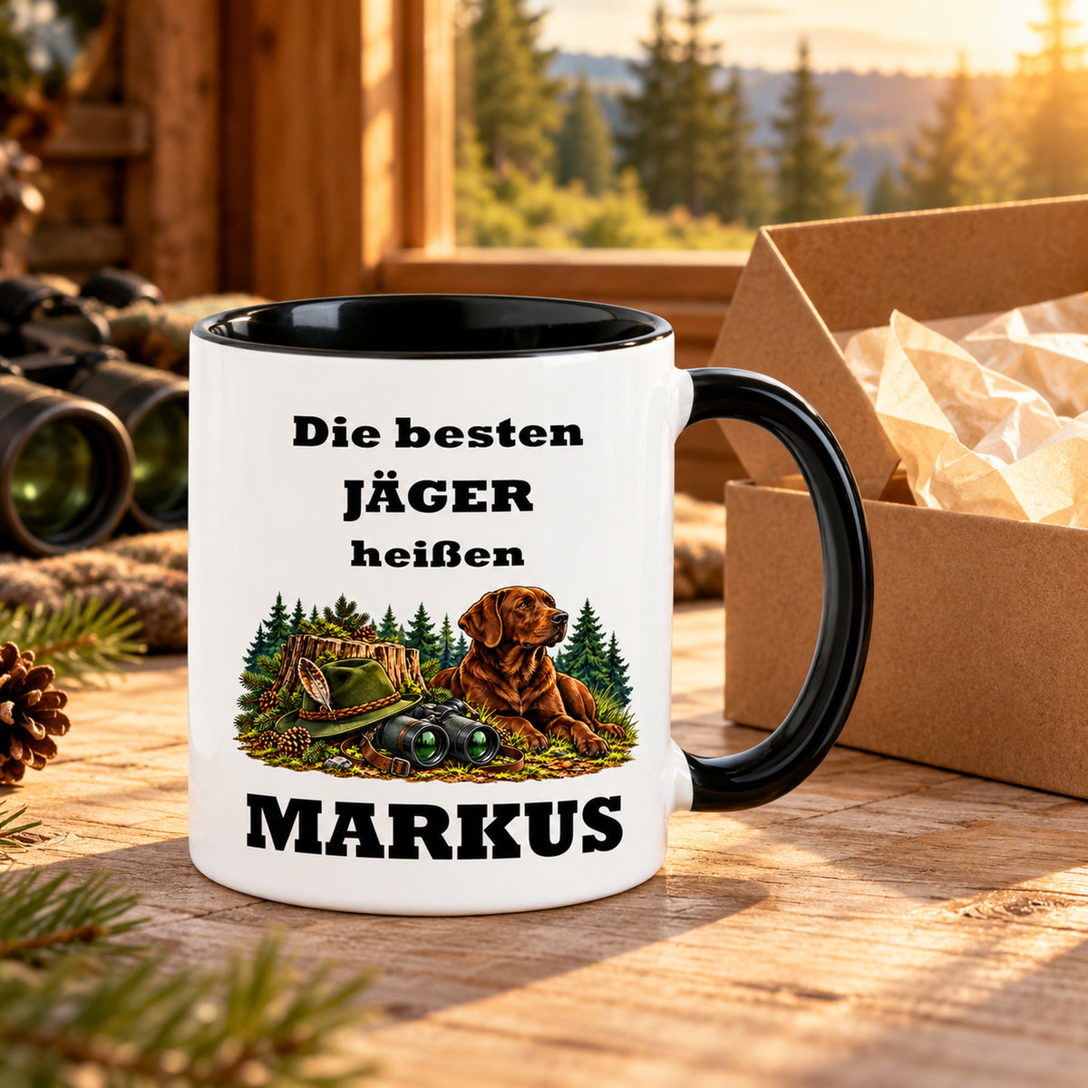Jäger-Tasse als Geschenkidee mit dekorativer Geschenkverpackung; die Verpackung ist nicht enthalten.