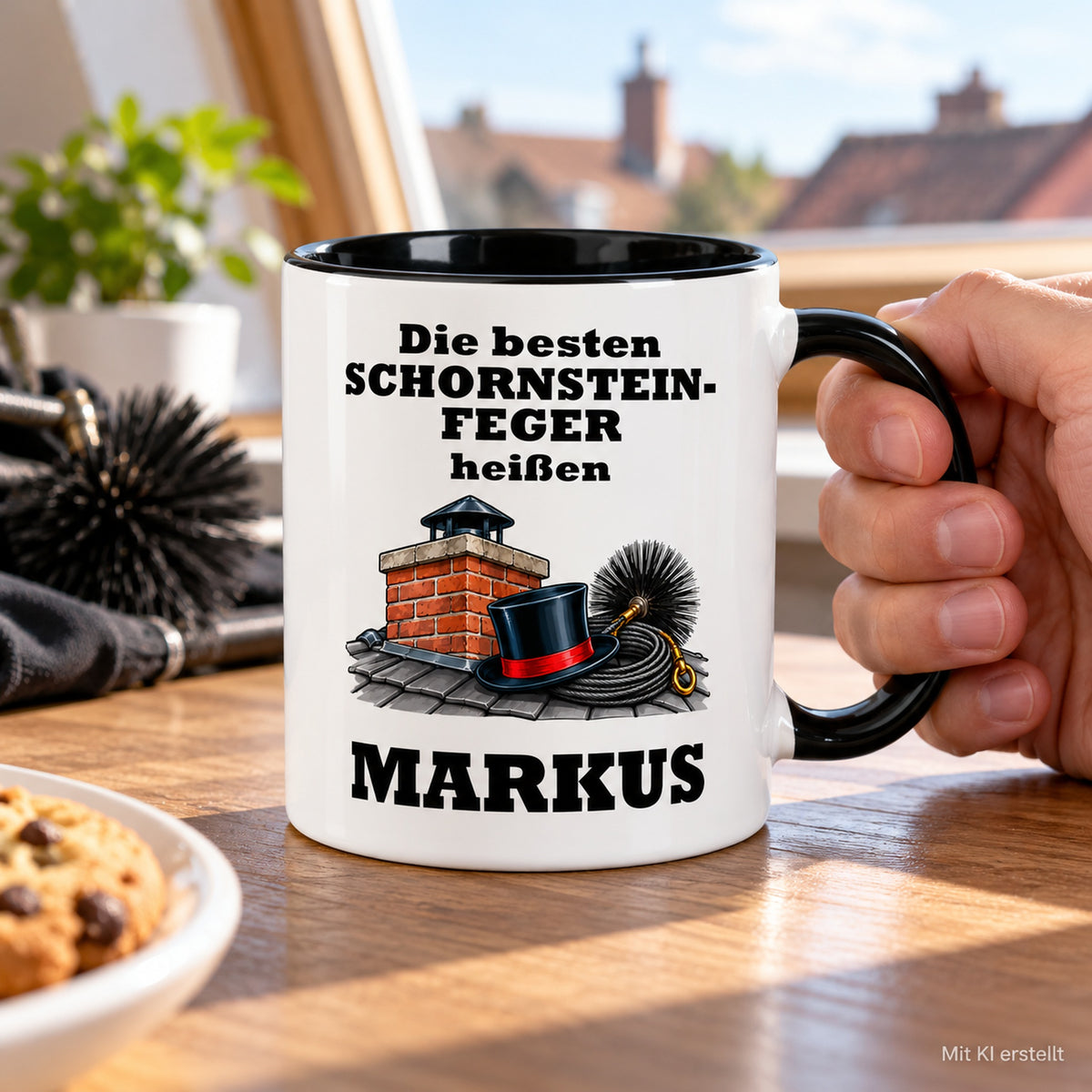 Personalisierte Schornsteinfeger-Tasse in Händen, mit schwarzer Innenseite und Hinweis auf das KI-erstellte Foto.