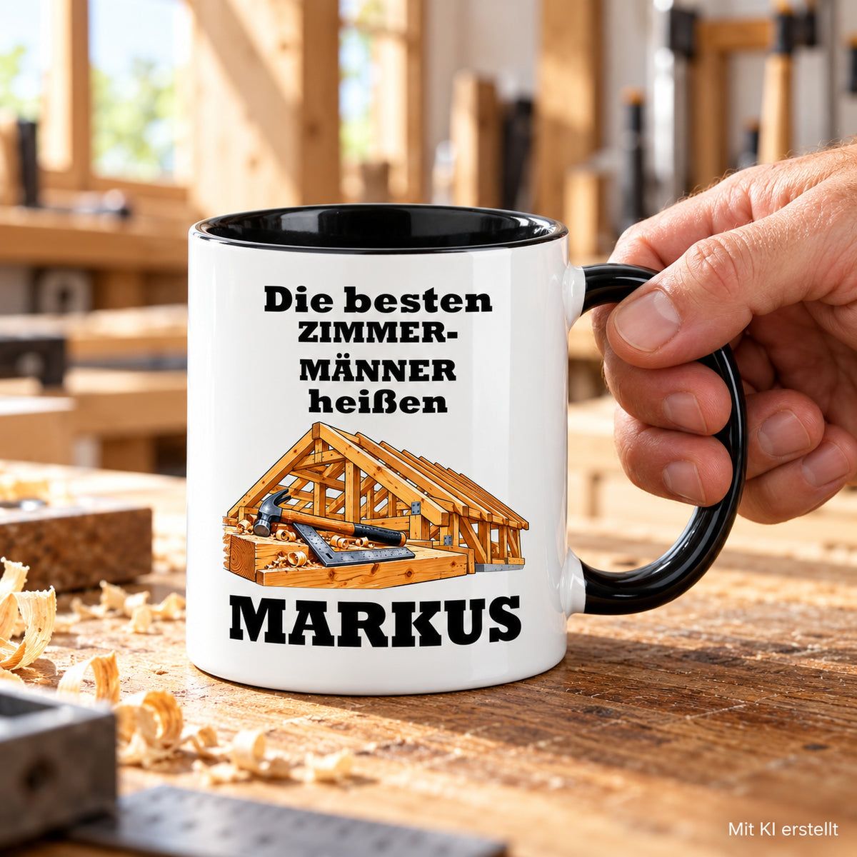Personalisierte Zimmermann-Tasse in Händen, mit schwarzer Innenseite und Hinweis auf das KI-erstellte Foto.