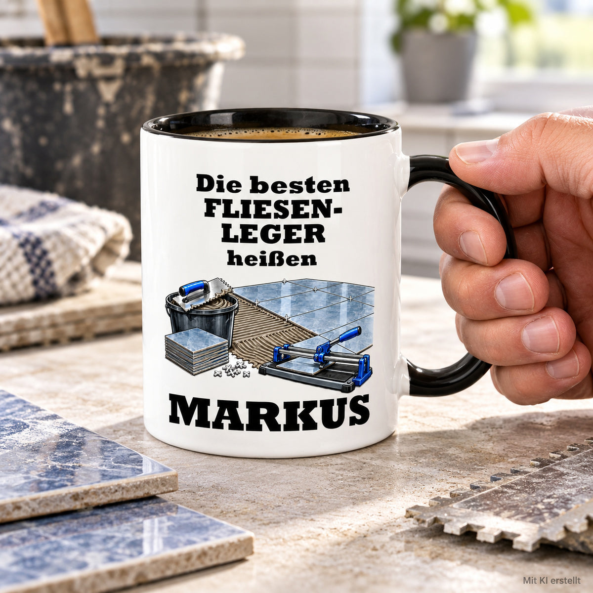 Personalisierte Fliesenleger-Tasse in Händen, mit schwarzer Innenseite und Hinweis auf das KI-erstellte Foto.