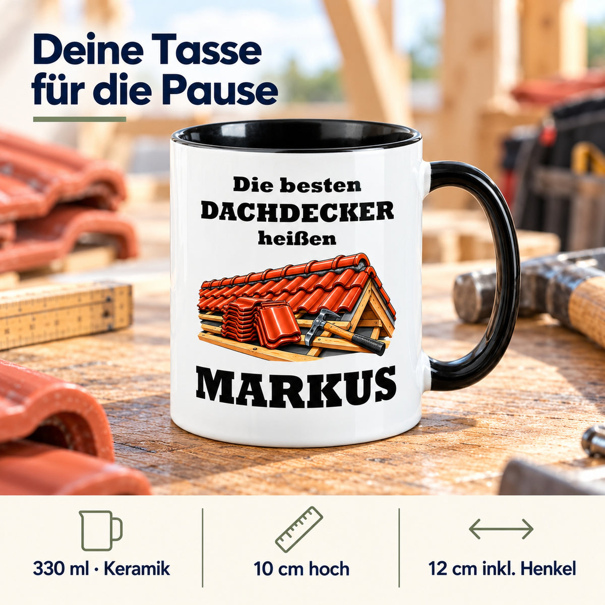 Produktdetails der Dachdecker-Tasse: Keramik, 330 ml, 10 cm hoch und 12 cm breit einschließlich Henkel.