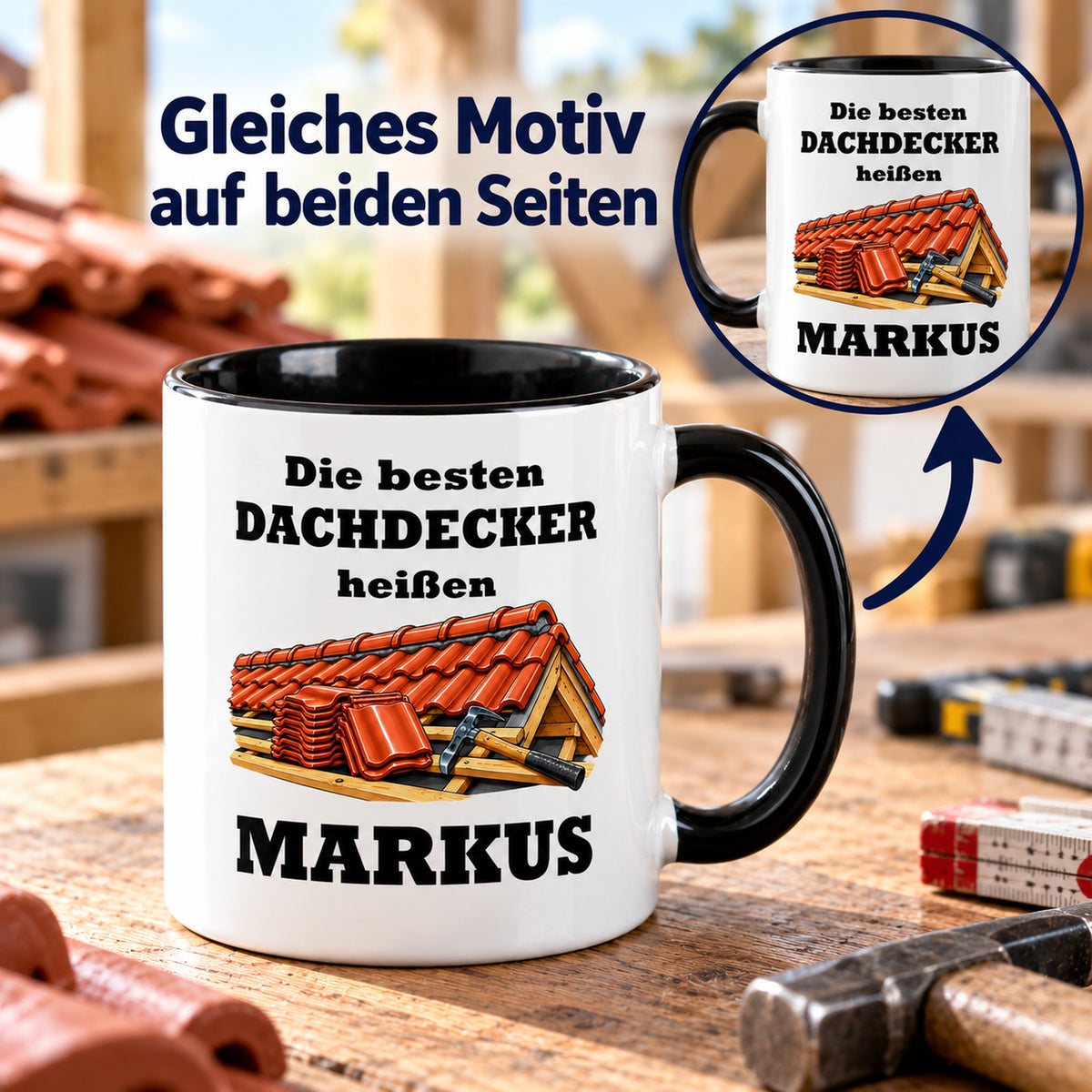 Dachdecker-Tasse mit Detailansicht des identischen Motivdrucks auf beiden Seiten.