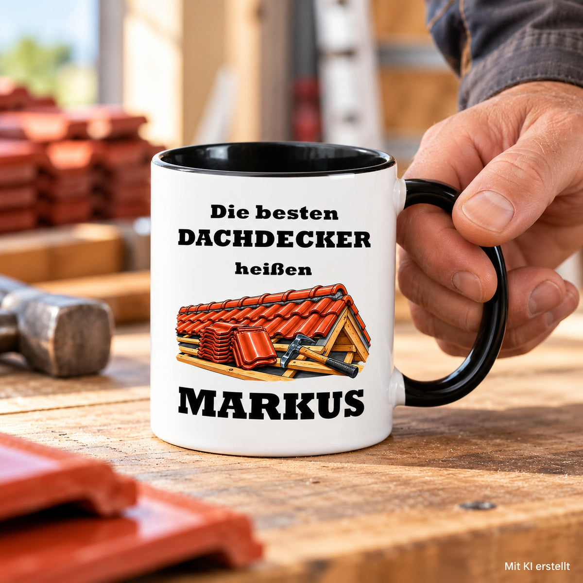 Personalisierte Dachdecker-Tasse in Händen, mit schwarzer Innenseite und Hinweis auf das KI-erstellte Foto.