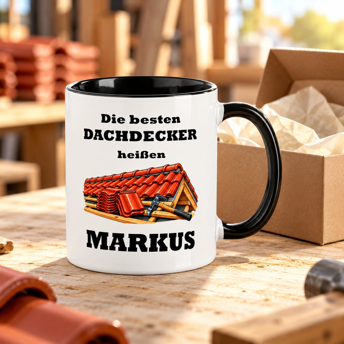Dachdecker-Tasse als Geschenkidee mit dekorativer Geschenkverpackung; die Verpackung ist nicht enthalten.