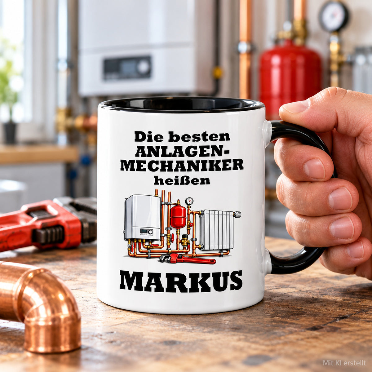 Personalisierte Anlagenmechaniker-Tasse in Händen, mit schwarzer Innenseite und Hinweis auf das KI-erstellte Foto.