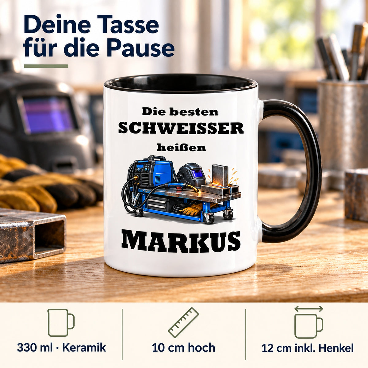 Produktdetails der Schweißer-Tasse: Keramik, 330 ml, 10 cm hoch und 12 cm breit einschließlich Henkel.
