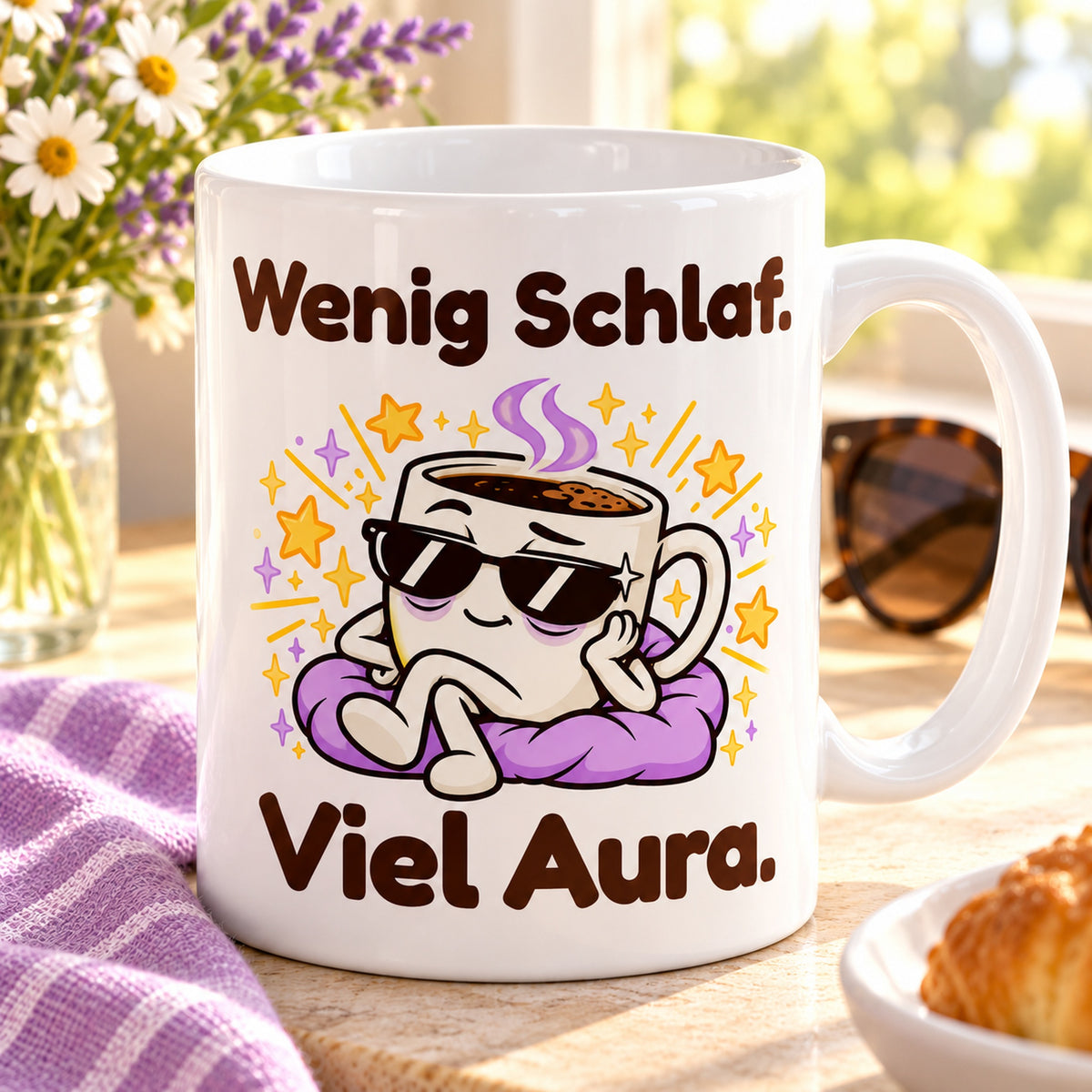 Schrägansicht der Keramiktasse „Viel Aura“ mit weißem Innenraum, Henkel und vollständigem Motiv.
