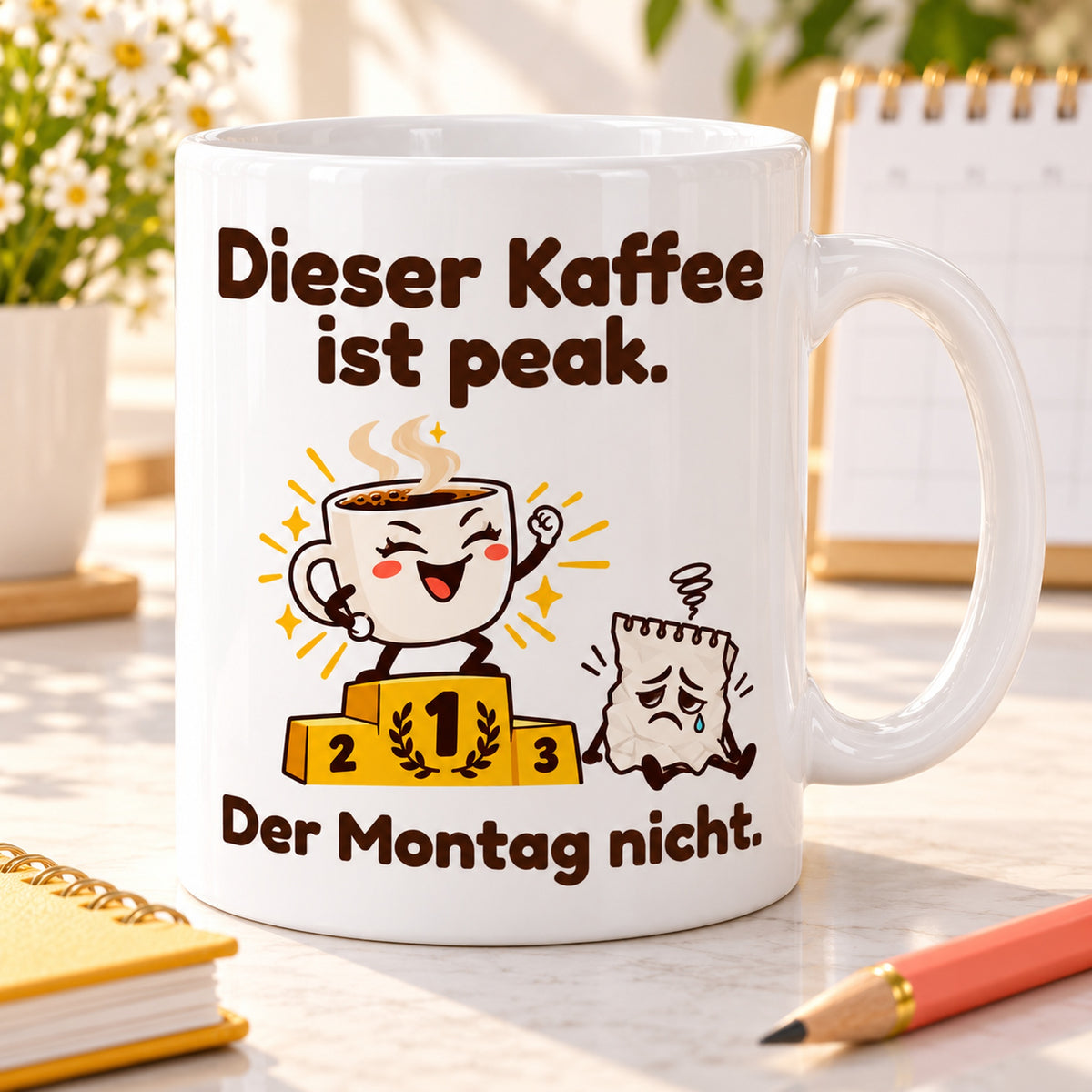 Weiße Keramiktasse mit dem Spruch „Dieser Kaffee ist peak. Der Montag nicht.“ und farbigem Cartoonmotiv am Schreibtisch mit Kalender und gelbem Notizbuch.