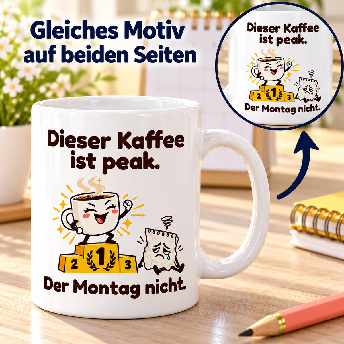 Tasse „Peak & Montag“ mit Detailkreis und Pfeil als Hinweis auf das gleiche Motiv auf beiden Seiten.