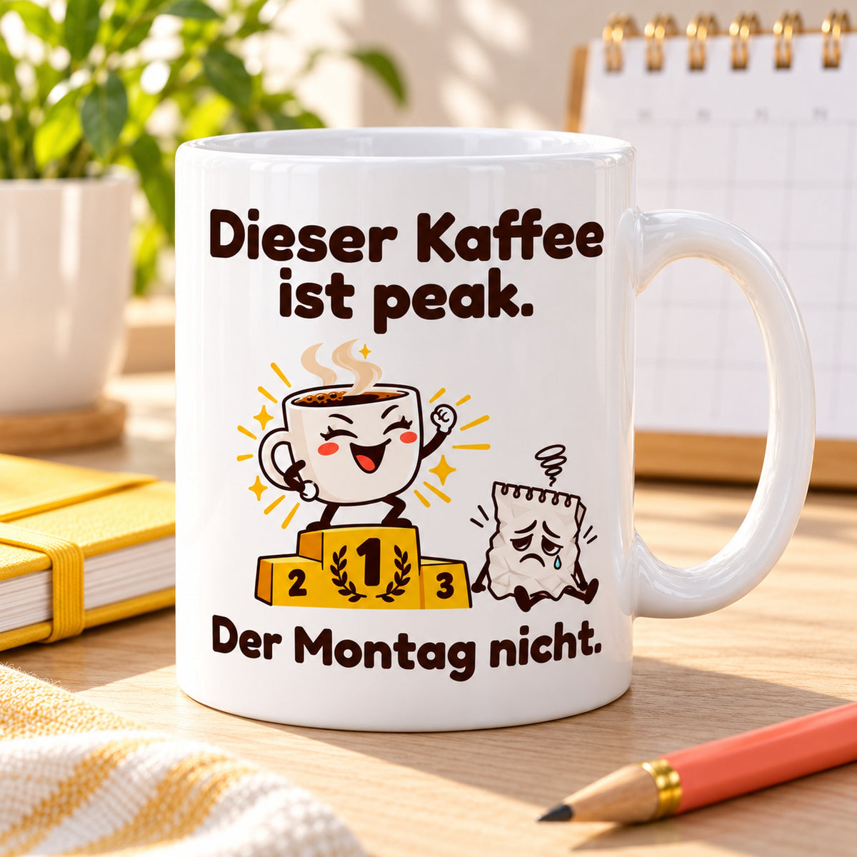 Tasse mit dem Spruch „Dieser Kaffee ist peak. Der Montag nicht.“ bei einer Kaffeepause am Schreibtisch mit Kalender und gelbem Notizbuch.