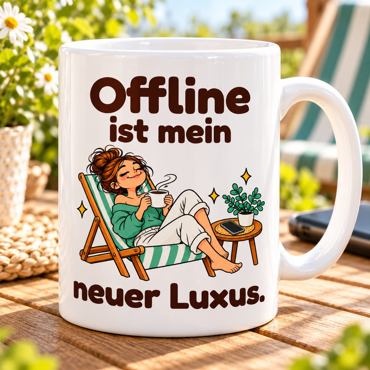 Nahaufnahme des farbigen Cartoonmotivs und des Spruchs „Offline ist mein neuer Luxus.“ auf weißer Keramik.