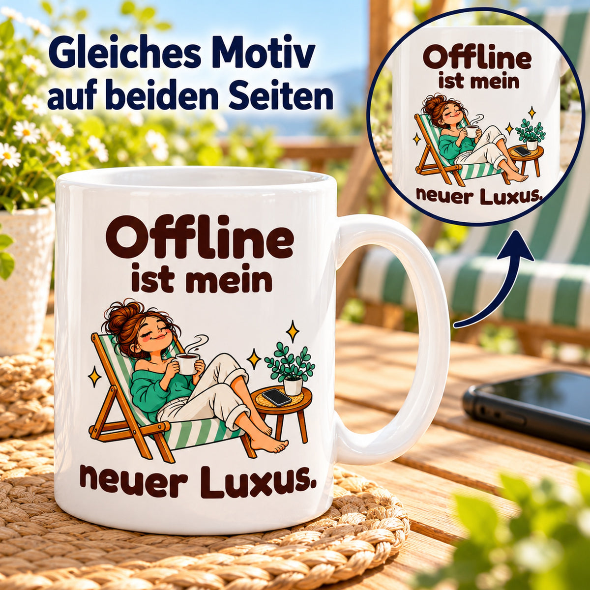 Tasse „Offline-Luxus“ mit Detailkreis und Pfeil als Hinweis auf das gleiche Motiv auf beiden Seiten.