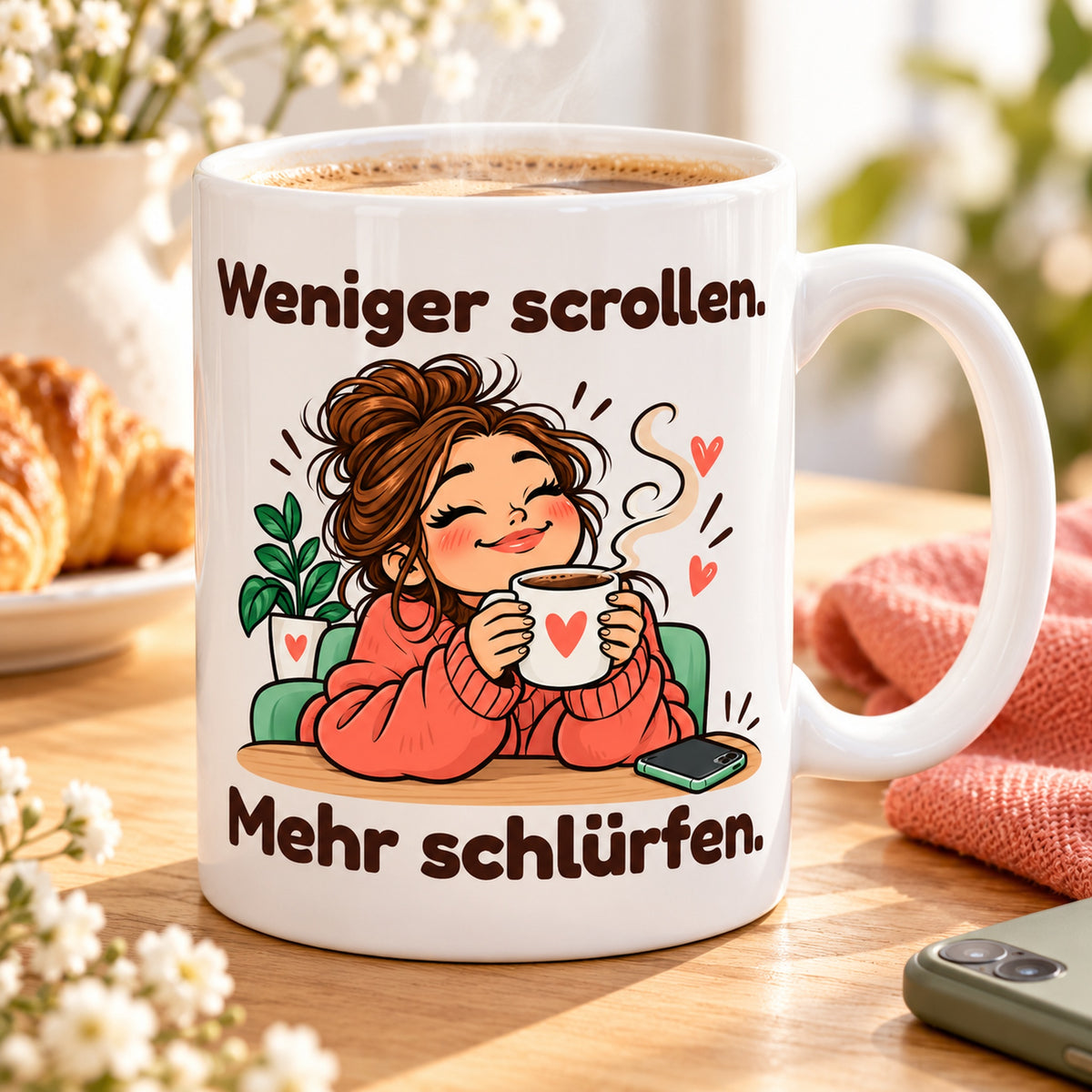 Weiße Keramiktasse mit dem Spruch „Weniger scrollen. Mehr schlürfen.“ und farbigem Cartoonmotiv im Café neben einem umgedrehten Smartphone.
