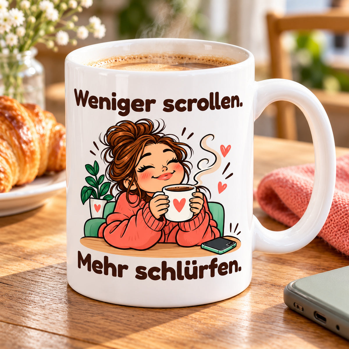 Schrägansicht der Keramiktasse „Mehr schlürfen“ mit weißem Innenraum, Henkel und vollständigem Motiv.