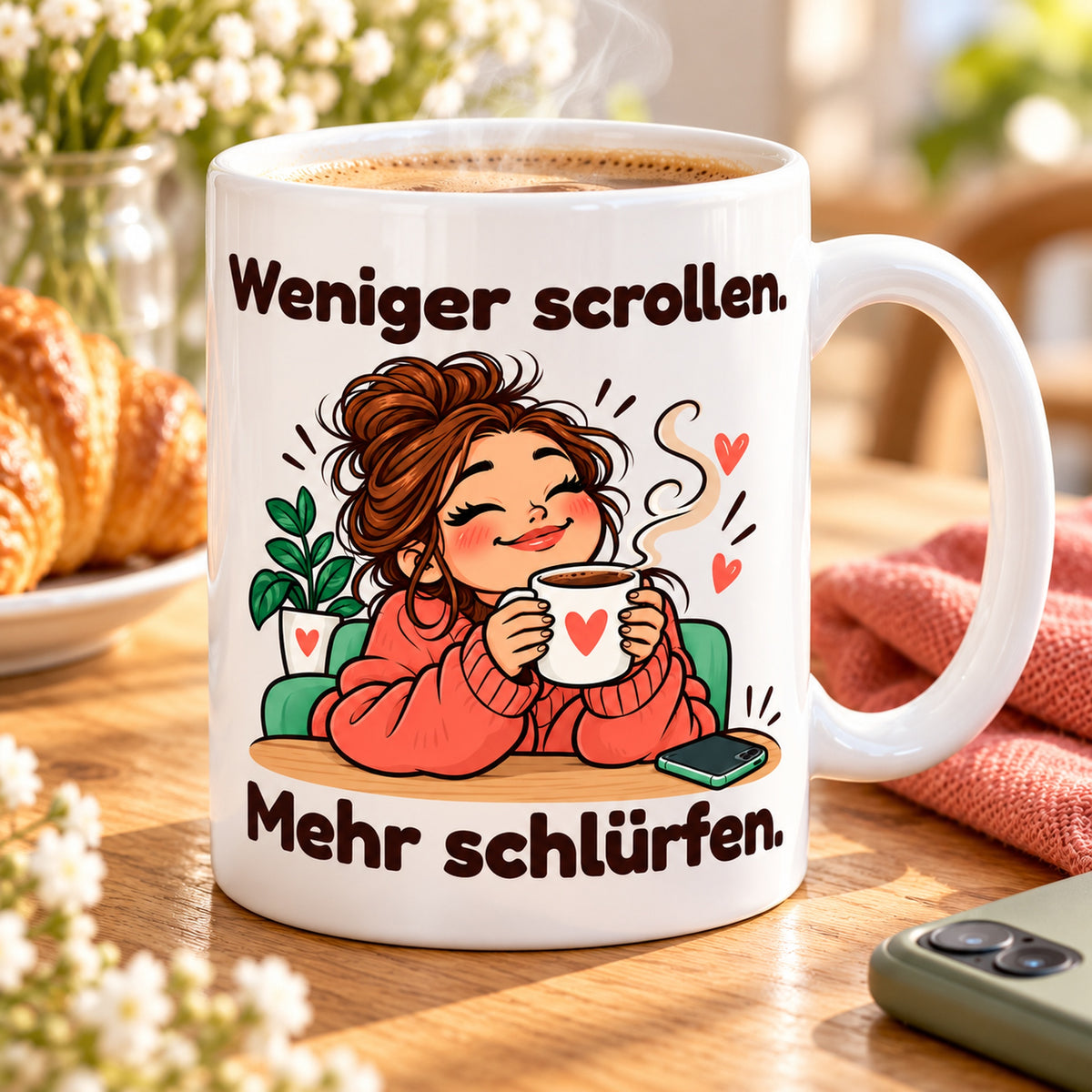 Nahaufnahme des farbigen Cartoonmotivs und des Spruchs „Weniger scrollen. Mehr schlürfen.“ auf weißer Keramik.