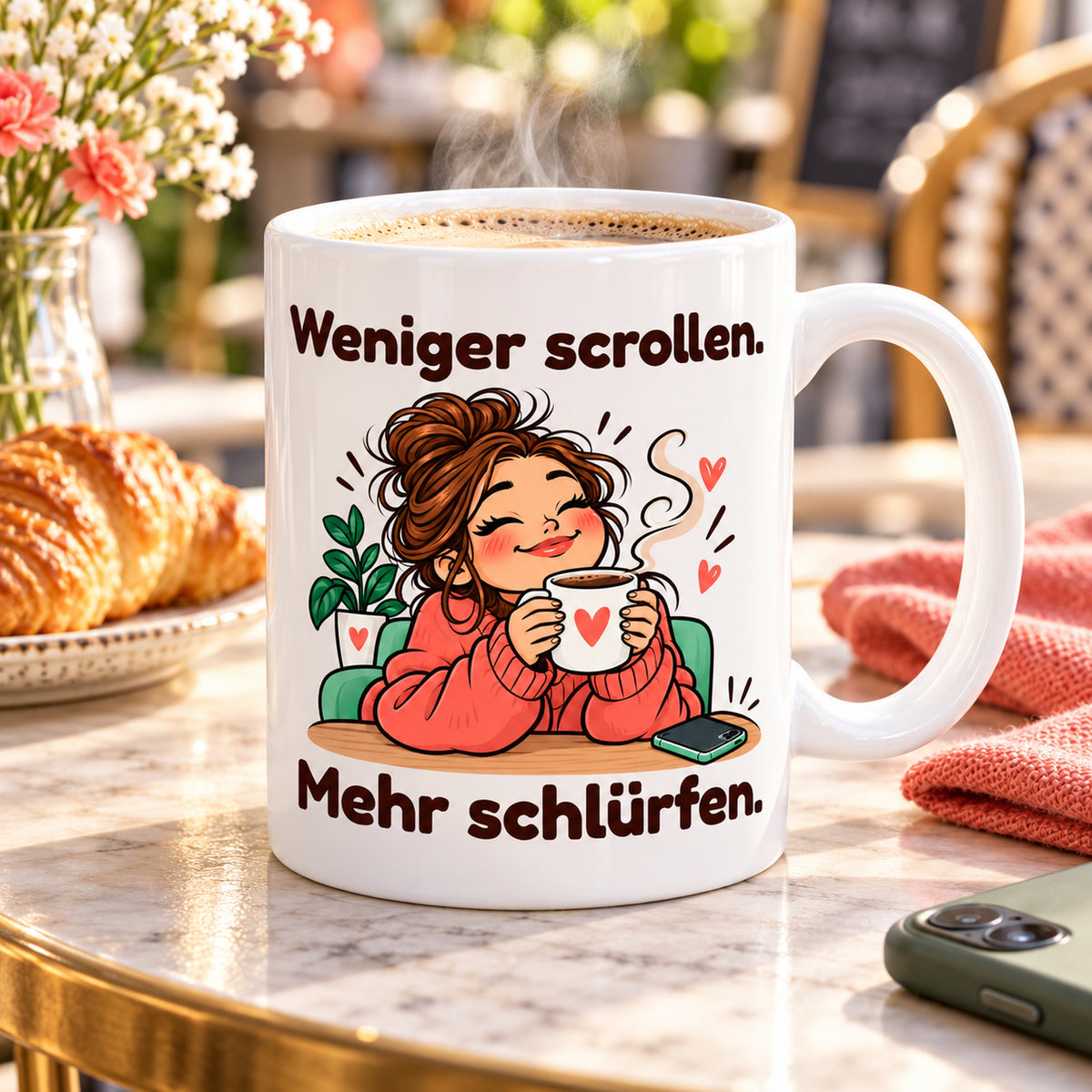 Tasse mit dem Spruch „Weniger scrollen. Mehr schlürfen.“ bei einer Kaffeepause im Café neben einem umgedrehten Smartphone.