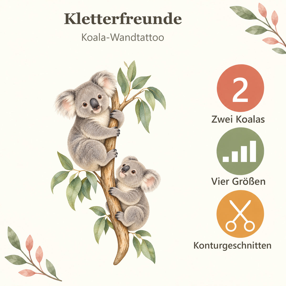 Koala-Wandtattoo Kletterfreunde mit den Eigenschaften: zwei Koalas, vier Größen, konturgeschnitten.