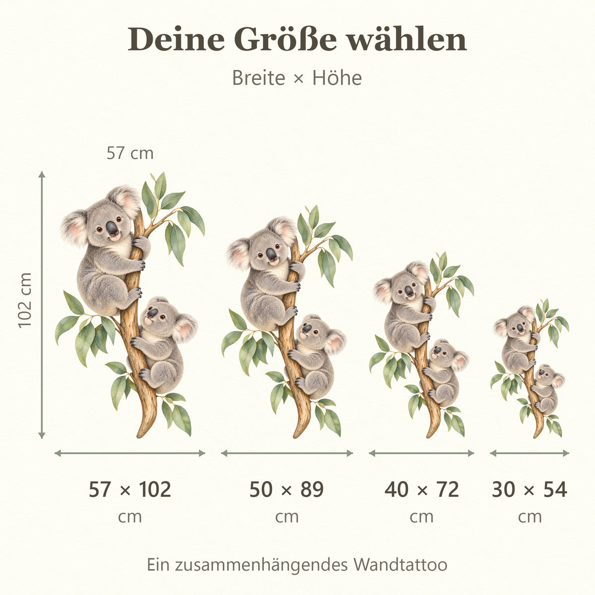 Größenvergleich für Kletterfreunde: 30 × 54 cm, 40 × 72 cm, 50 × 89 cm, 57 × 102 cm, jeweils Breite × Höhe. Ein zusammenhängendes Wandtattoo.