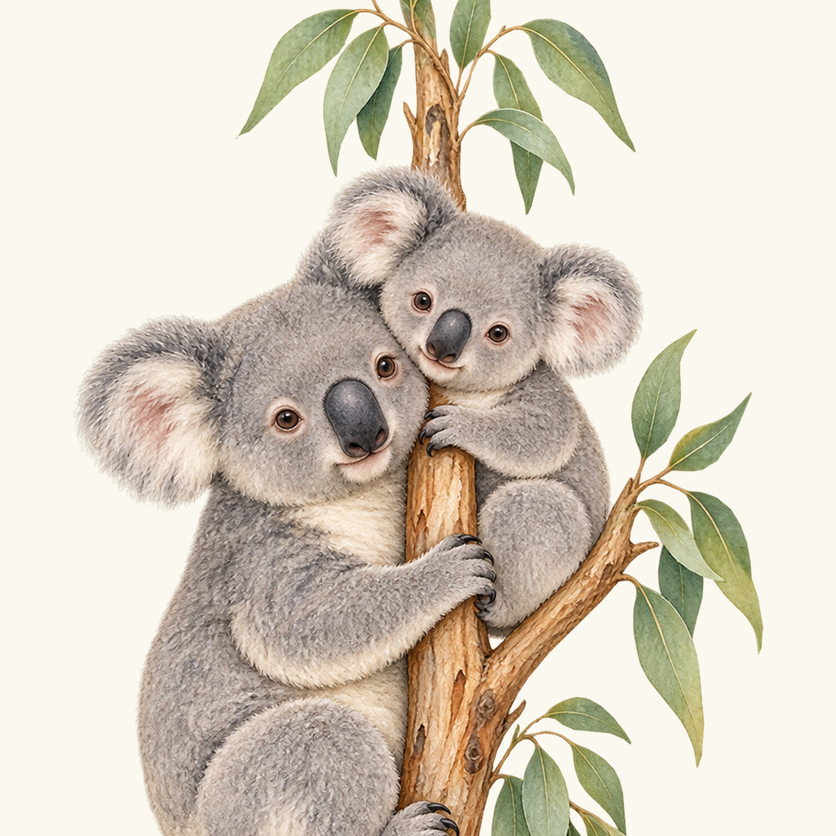 Motivdetail des Wandtattoos Kuschelpause: Die beiden Koalas schmiegen ihre Köpfe aneinander und greifen um den Eukalyptusast.