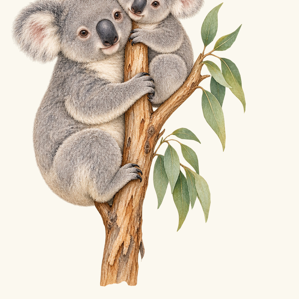 Konturdetail des Wandtattoos Kuschelpause: Nahansicht des großen Koalas, seiner Pfoten und der Blätter am braunen Ast.
