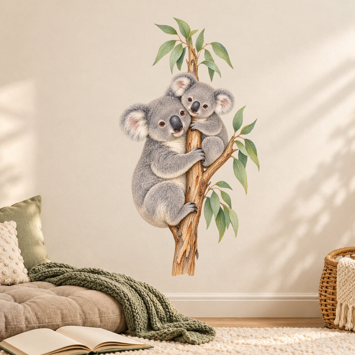 Koala-Wandtattoo Kuschelpause an einer hellen Wand neben einem niedrigen Sitzkissen mit grüner Decke und einem geflochtenen Korb.