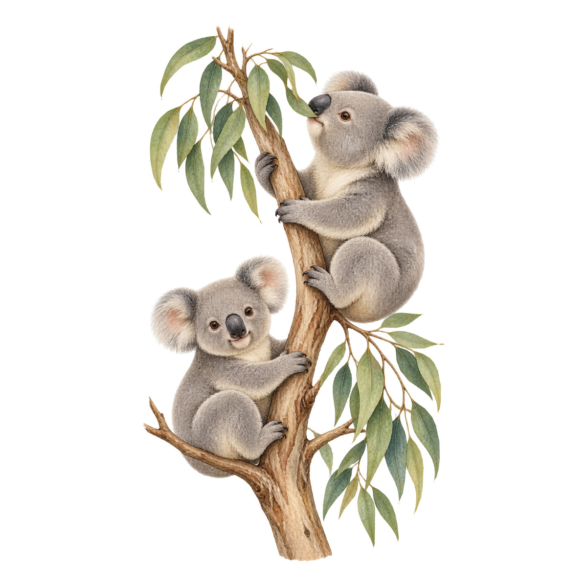 Koala-Wandtattoo Blätterglück auf weißem Hintergrund. Ein großer Koala oben rechts blickt zu den Eukalyptusblättern, ein kleiner Koala sitzt unten links.