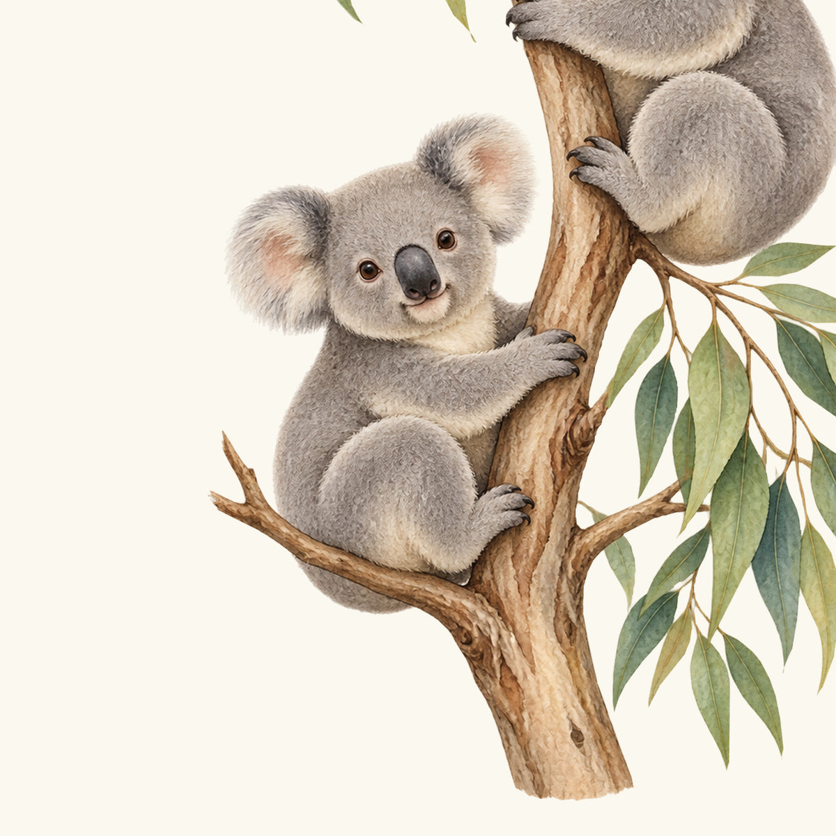 Konturdetail des Wandtattoos Blätterglück: Kleiner Koala auf dem unteren Ast mit feinen Fellstrukturen und Eukalyptusblättern.