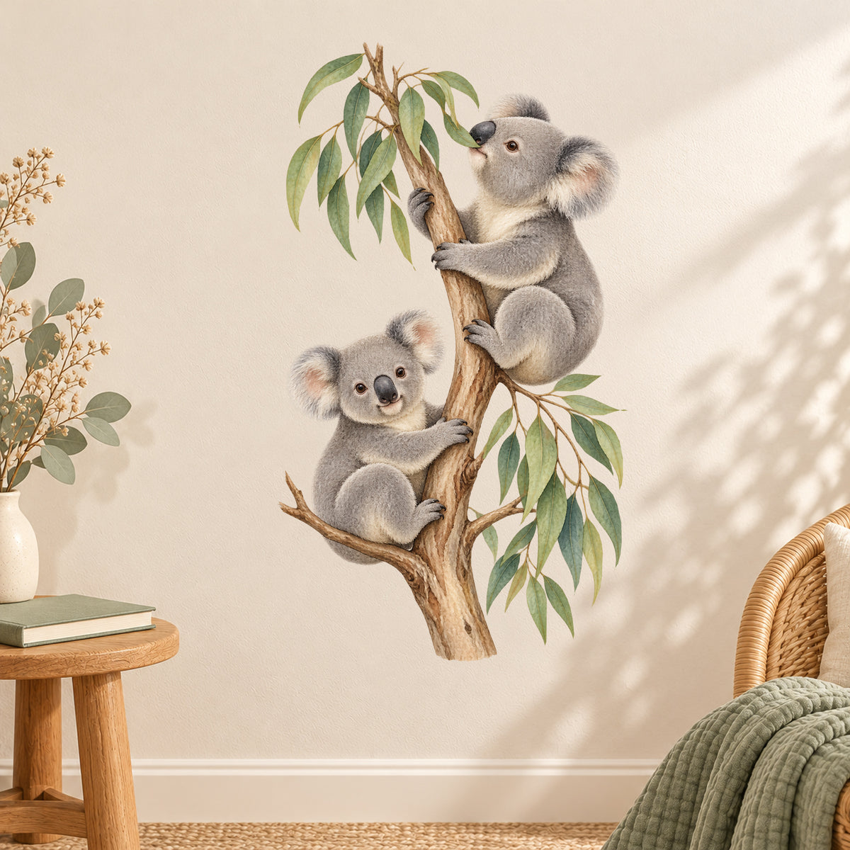 Koala-Wandtattoo Blätterglück an einer hellen Wand zwischen einem Holztisch mit Vase und einem Sessel aus Geflecht.