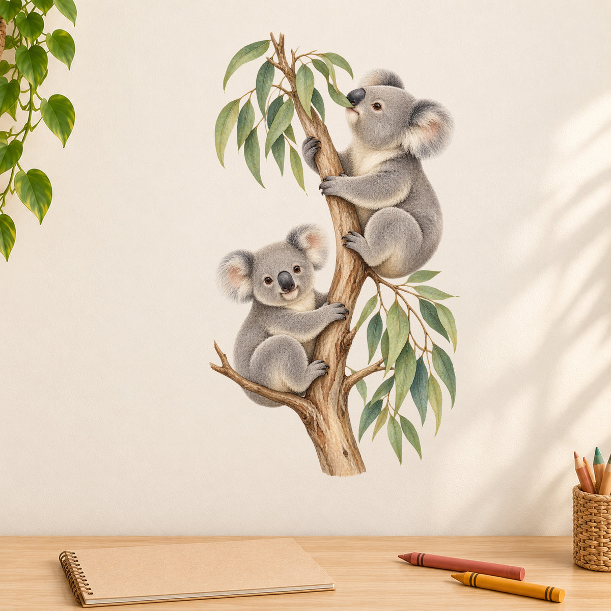 Koala-Wandtattoo Blätterglück an einer hellen Wand über einem Holztisch mit Zeichenblock, Stiften und Pflanzen am Bildrand.